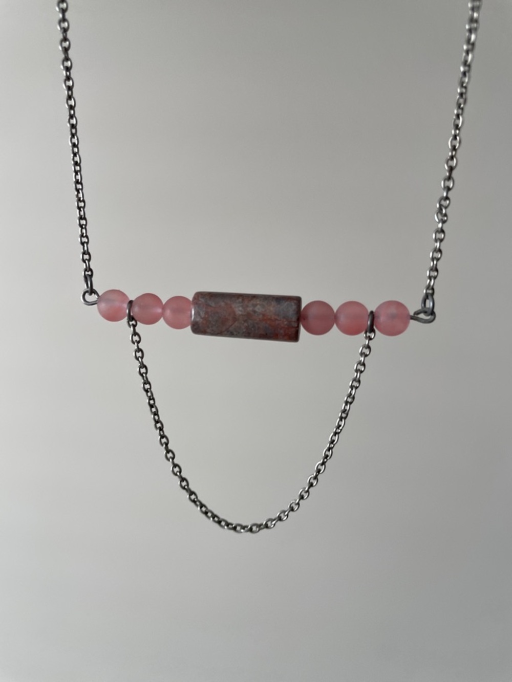 Delicate rose quartz gemstone  beads with multicoloured stone wire necklace.